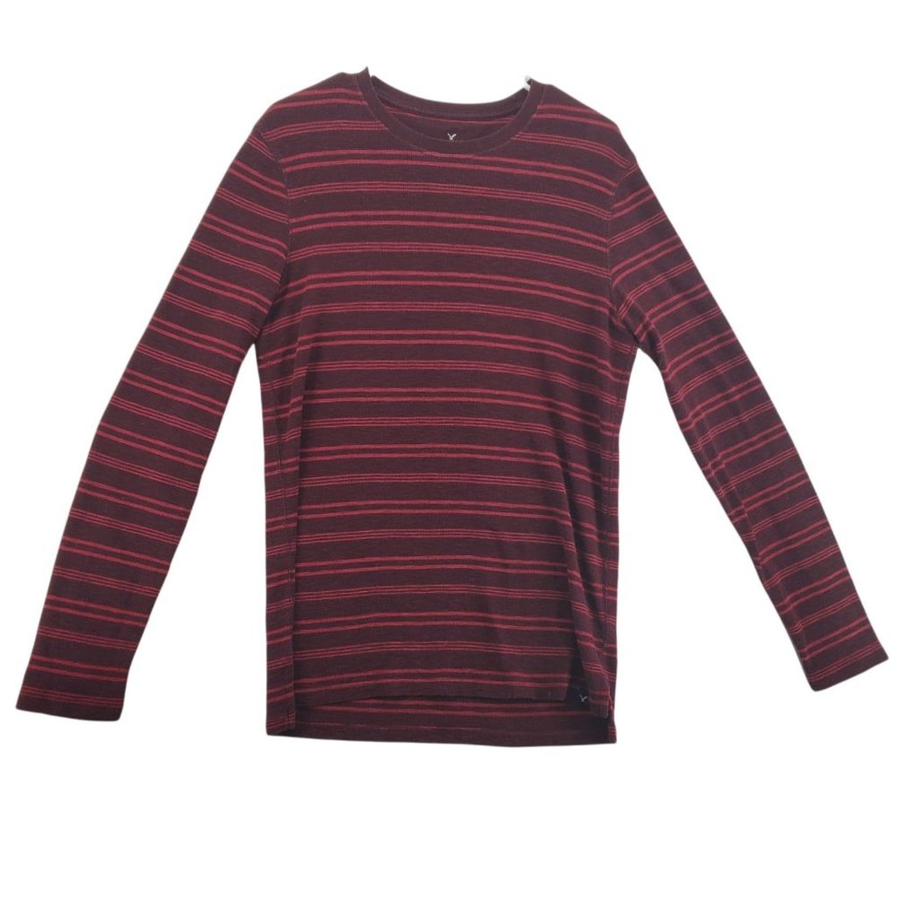 AMERICAN EAGLE Shirt Men's Long Sleeve Striped Thermal Pullover Red Small